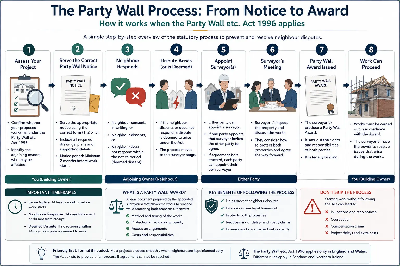 Do I Need a Party Wall Agreement? An infographic showing the party wall process from notice to award in a very interactive way for the citizens living in Coventry, UK
