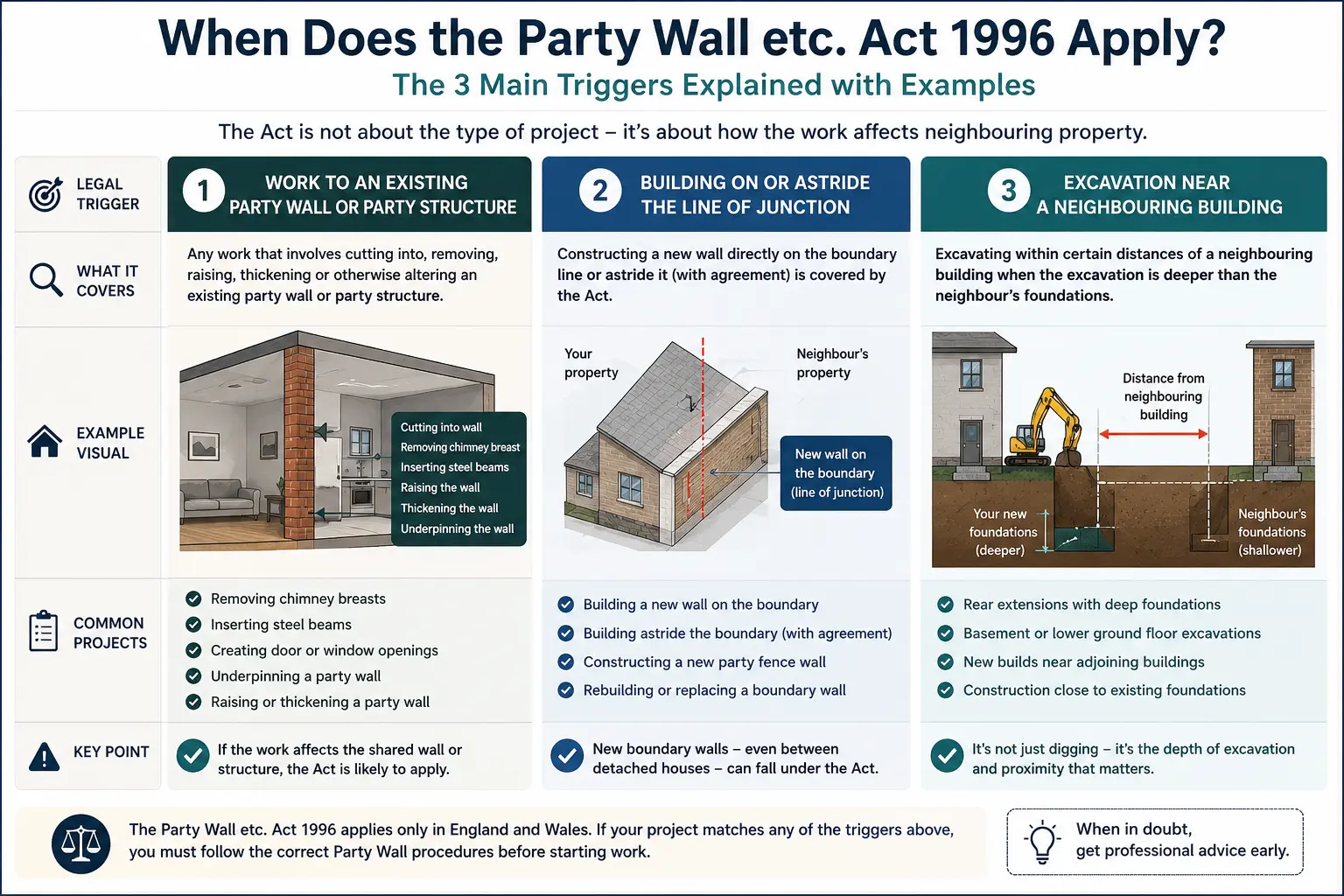 Do I Need a Party Wall Agreement? An infographic showing when does the party wall etc act 1996 apply like excavation, junction, painting, in Coventry, UK